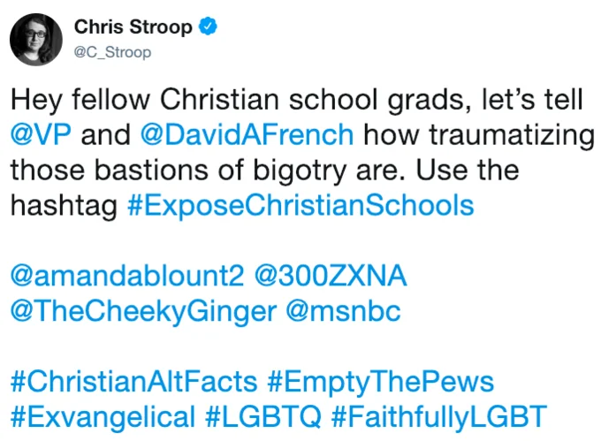 Tweet by Chris Stroop calling on graduates to use #ExposeChristianSchools hashtag.