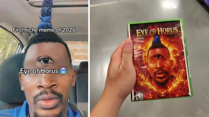 Split image of the Eye of Rah creator in a car and a fake Eye of Horus Xbox game case with his face on the cover