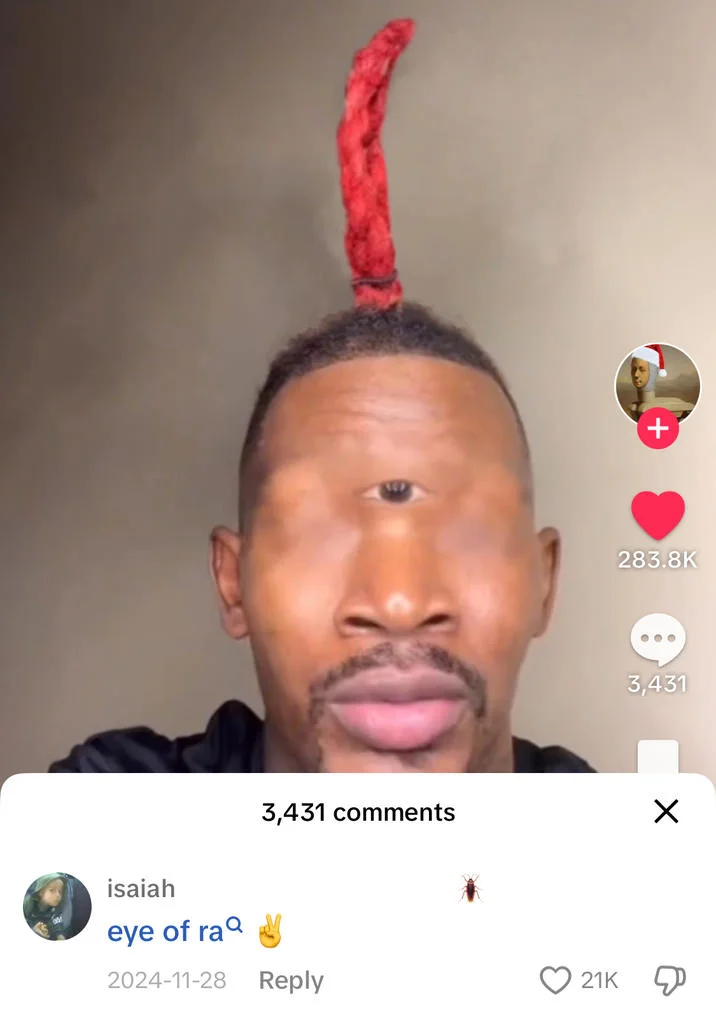 Eye Of Rah — TikTok screenshot showing man with third eye and red braid, with comments panel visible on screen