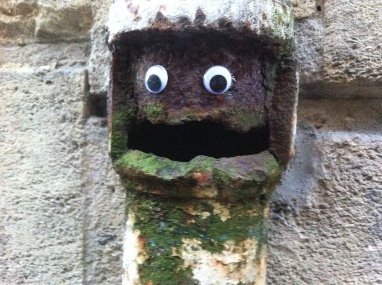 Eyebombing — Rusty moss-covered drainpipe with googly eyes above its opening forming a face
