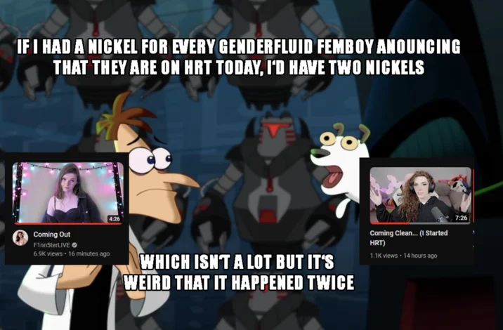 F1Nn5Ter Coming Out Video — Impact font meme using Futurama template joking about genderfluid HRT announcement.