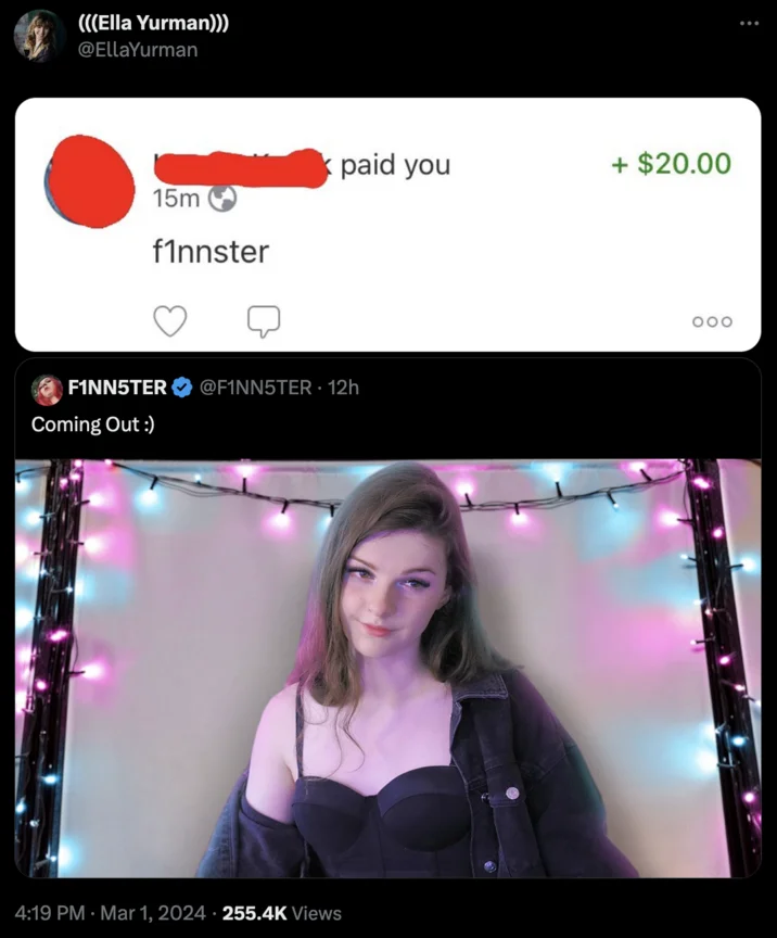 F1Nn5Ter Coming Out Video — Twitter screenshot of F1NNSTER announcing coming out video with neon-lit thumbnail.