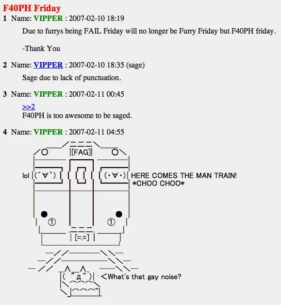 Screenshot of a 2007 forum thread titled F40PH Friday featuring ASCII art of the locomotive