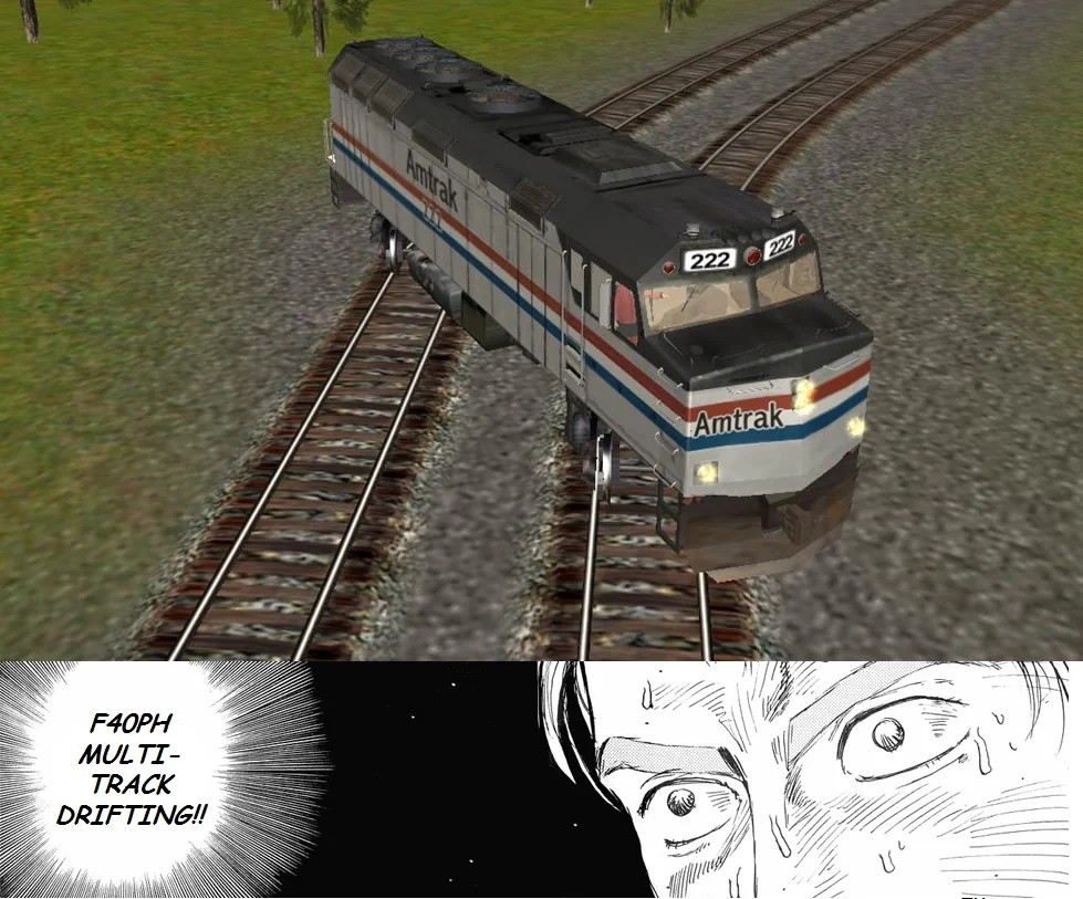 Photoshop of an F40PH locomotive inside a particle accelerator detector hall