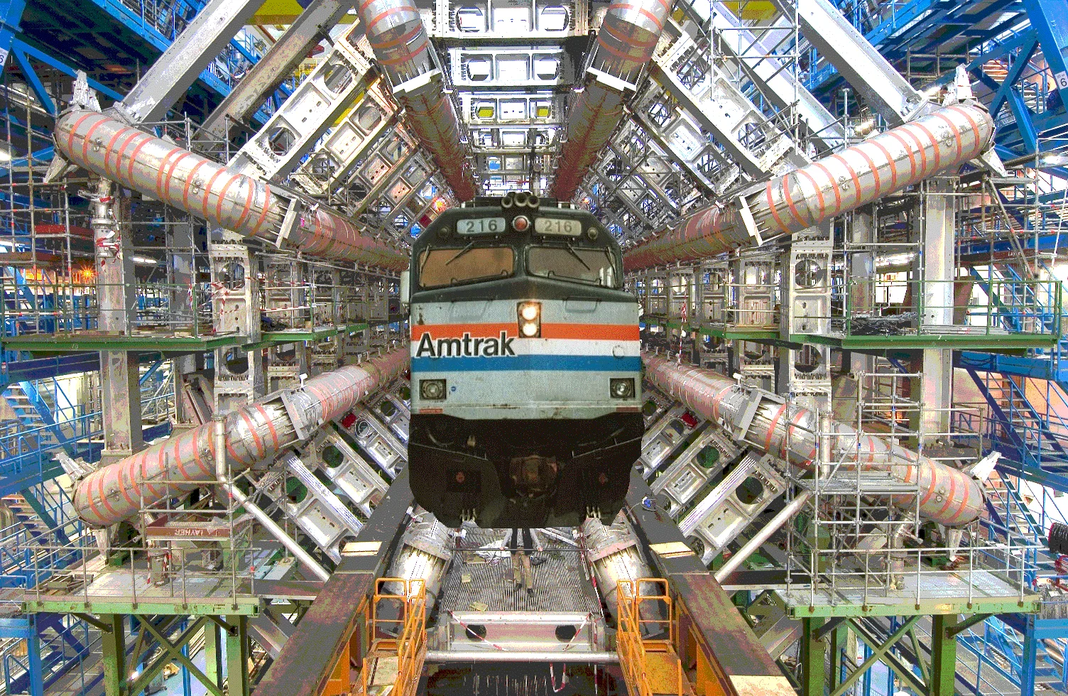 Edited image of an F40PH locomotive mounted on a Space Shuttle rocket stack at launch