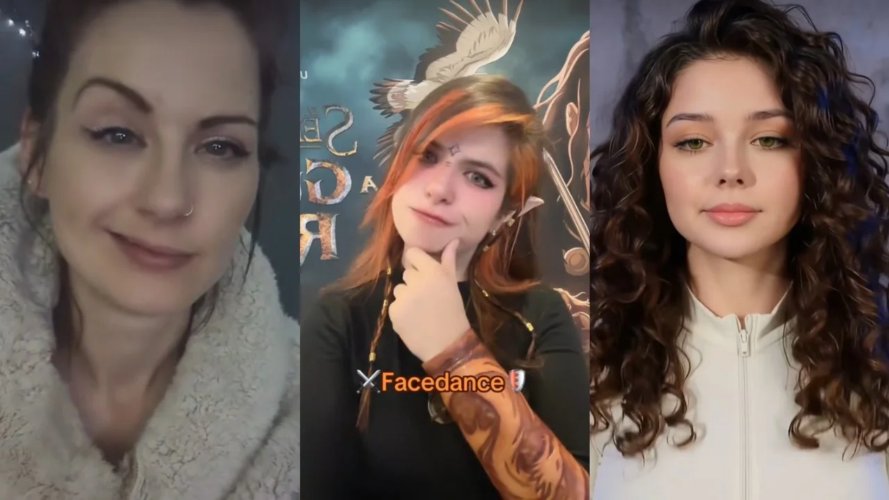 Face Dancing — Three-panel collage of TikTok users doing the Facedance trend with a cosplayer and 'Facedance' text