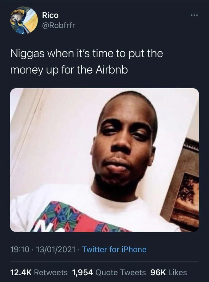 Face Of Unemployment — Tweet featuring Lorenzo's photo with caption about being broke when it is time to pay for an Airbnb