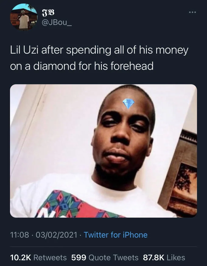 Face Of Unemployment — Lorenzo's photo with a blue diamond emoji on the forehead, captioned about Lil Uzi Vert's forehead diamond