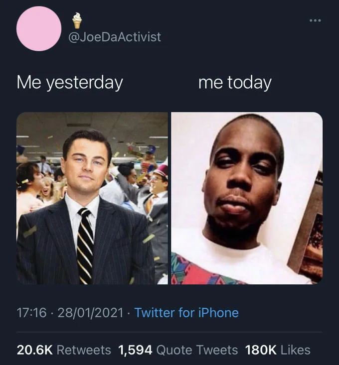 Face Of Unemployment — Side-by-side meme showing Leonardo DiCaprio as Jordan Belfort labeled 'me yesterday' and Lorenzo's selfie labeled 'me today'