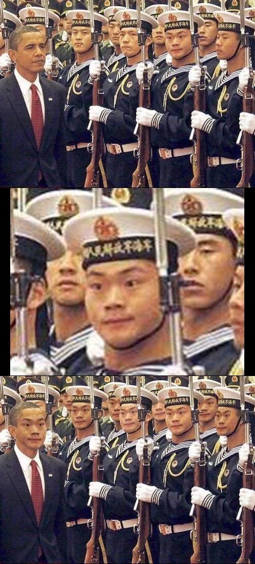 Facebomb — Group of students with visually repeated faces above a list of five trick questions
