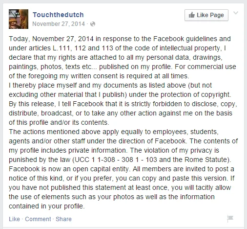 Facebook Privacy Notices — 2014 Facebook post with canonical privacy hoax text invoking UCC and Rome Statute.