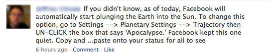 Facebook Privacy Notices — Facebook status parody claiming Facebook will plunge Earth into sun with apocalypse setting.