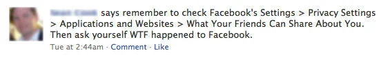 Facebook Privacy Notices — Facebook status with privacy settings navigation instructions ending in exasperation.