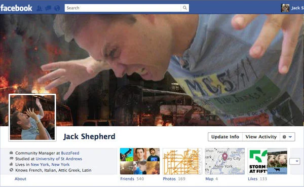 Facebook Timeline Covers — Facebook profile screenshot with dramatic action-styled timeline cover image.