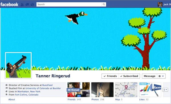 Facebook Timeline Covers — Facebook profile with vibrant blue pixel art bird and tree timeline cover.
