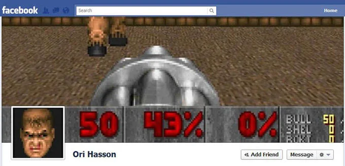 Facebook Timeline Covers — Facebook profile with retro video game imagery and red stat number overlays.