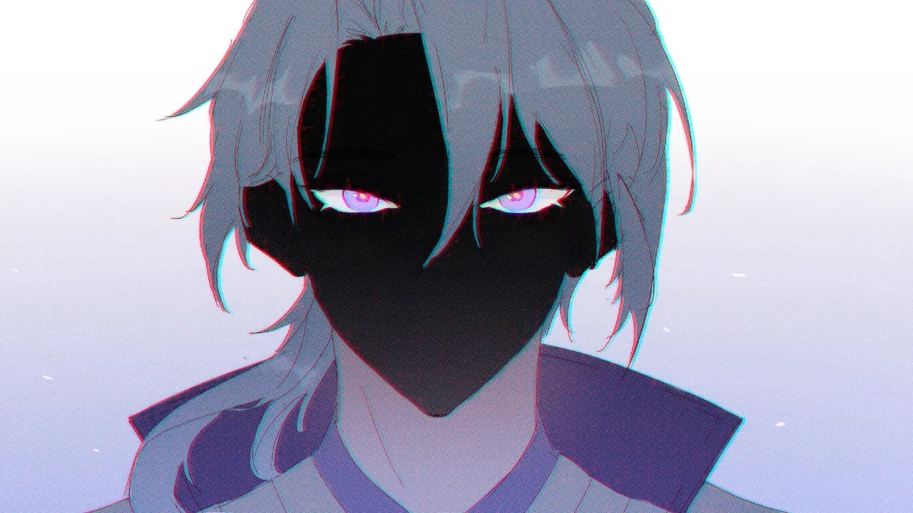 Faceless Ayato — Anime character Ayato with a blacked-out faceless silhouette and glowing purple eyes.