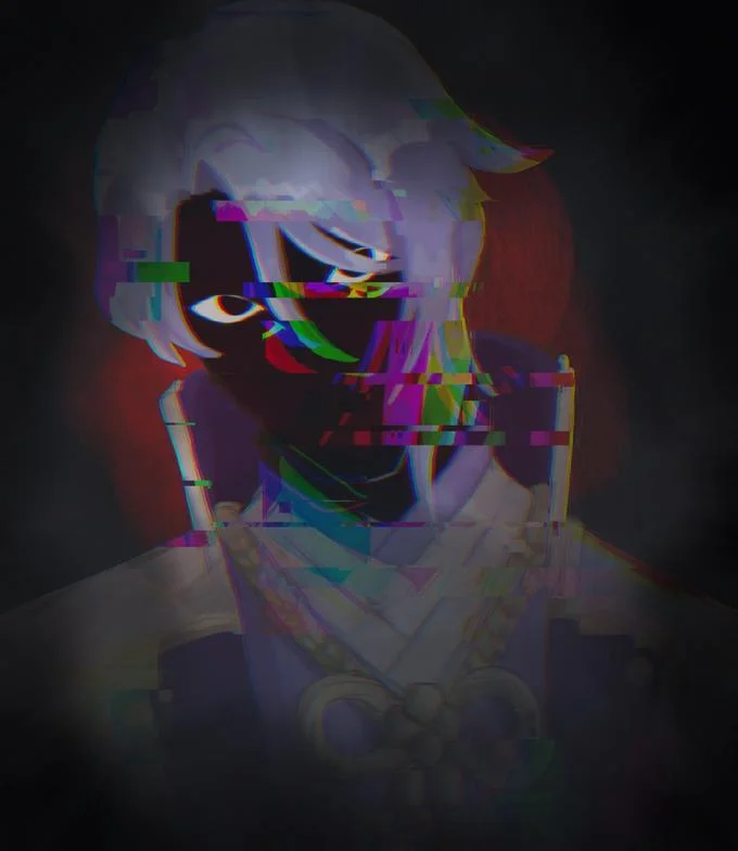 Faceless Ayato — Glitch-effect portrait of Ayato with distorted face and chromatic aberration.