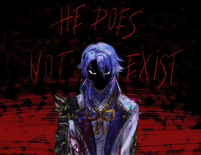 Faceless Ayato illustration with red background and text 'He does not exist'.