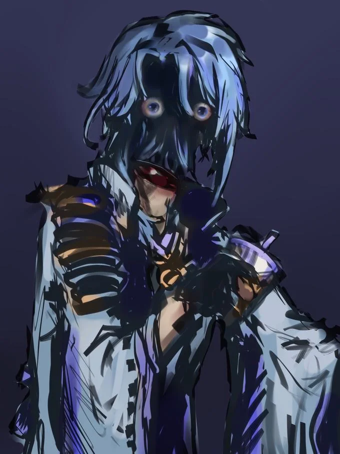Faceless Ayato — Horror-style Ayato fan art with wide eyes, bloody mouth and skeletal body.