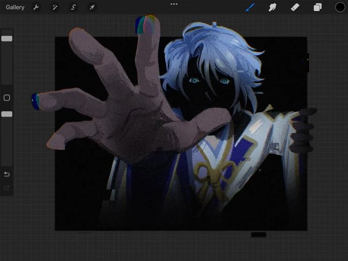 Procreate app screenshot showing faceless Ayato fan art in progress reaching out a hand.
