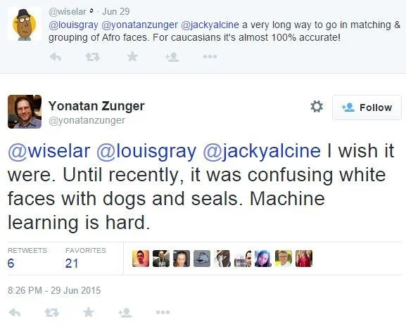 Facial Recognition Software — Tweet by jackyalcine calling out Google Photos for tagging his Black friend as a gorilla