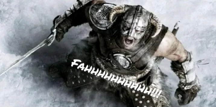 Fahh — Battle-worn warrior in heavy armor expressing intense shout with text overlay.