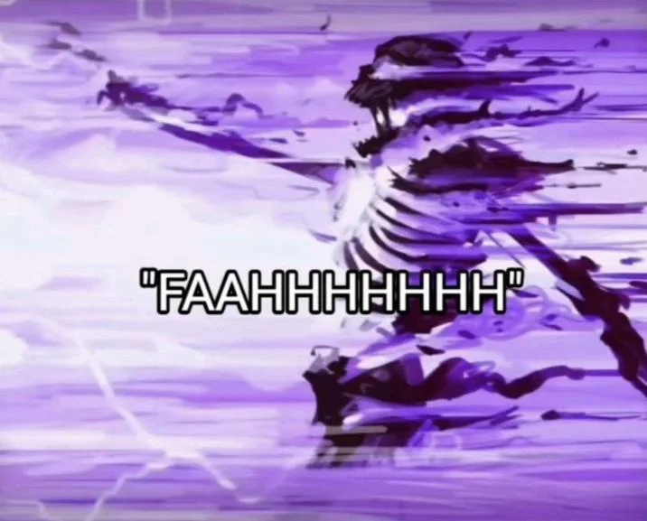 Fahh — Heavily glitched skeleton figure with quoted text on purple digital corruption.