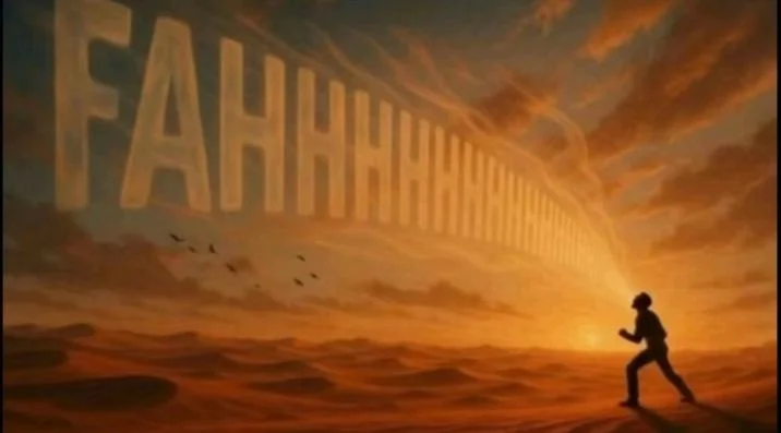 Silhouetted figure against orange sunset with expansive 'FAHHHHHHHH' text.