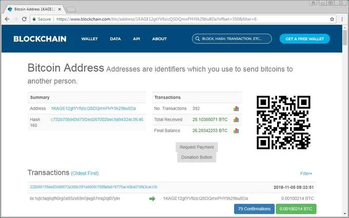 Fake Elon Musk Bitcoin Scam — Blockchain.com page showing scam Bitcoin wallet with 26 BTC balance from 392 transactions