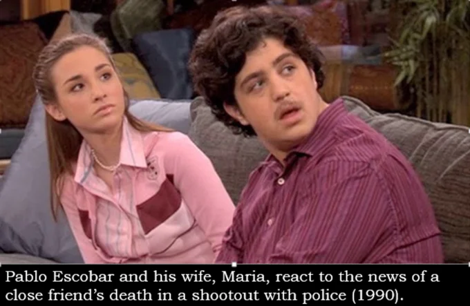Fake History — Screenshot of two teens on a couch from Drake and Josh, captioned as Pablo Escobar and his wife in 1990