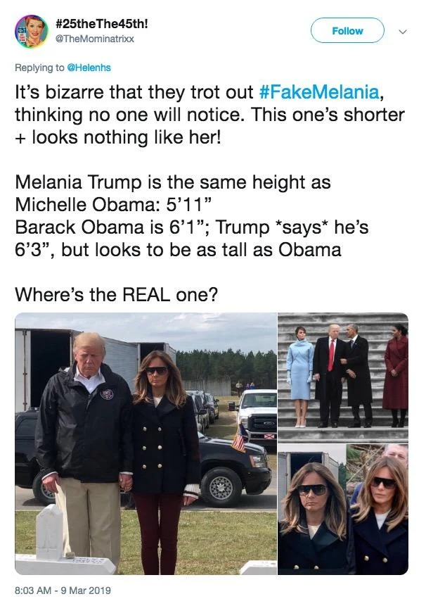 Fake Melania Trump Conspiracy — Tweet arguing FakeMelania is shorter and looks different from real Melania