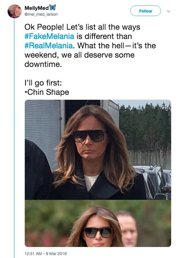 Fake Melania Trump Conspiracy — Tweet comparing chin shapes of Fake Melania vs Real Melania