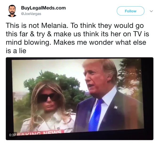 Fake Melania Trump Conspiracy — Tweet by Joe Vargas claiming the woman with Trump is not Melania