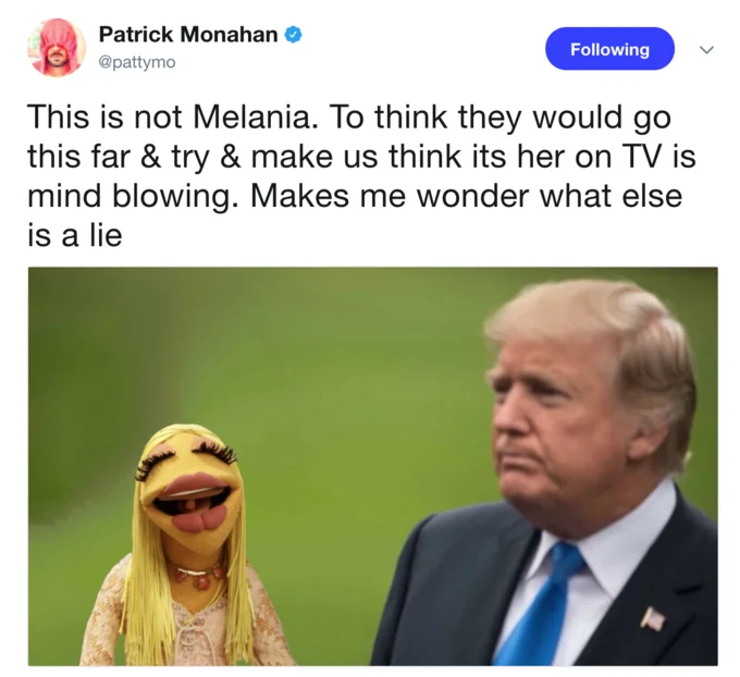 Fake Melania Trump Conspiracy — Parody tweet with Trump photoshopped next to Janice the Muppet