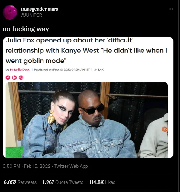 Fake News Article Screenshots — February 2022 tweet embedding Pinkvilla article about Julia Fox's goblin mode comment.
