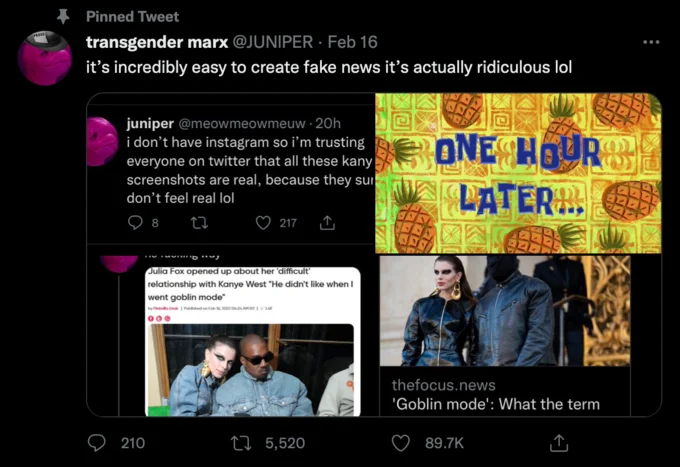 Fake News Article Screenshots — Pinned tweet from JUNIPER about creating fake news with related replies collage.
