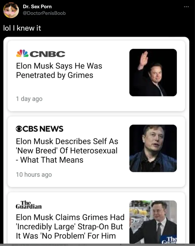 Fake News Article Screenshots — Three formatted fake article cards mimicking CNBC, CBS, Guardian with Musk headlines.