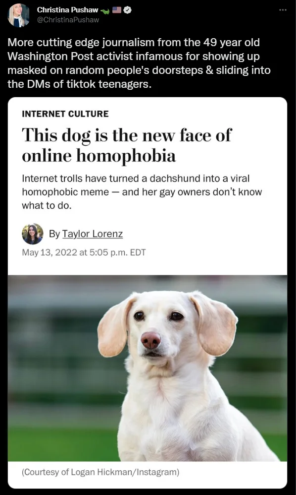 Fake News Article Screenshots — Tweet from Florida Press Secretary sarcastically mocking Washington Post dog article.