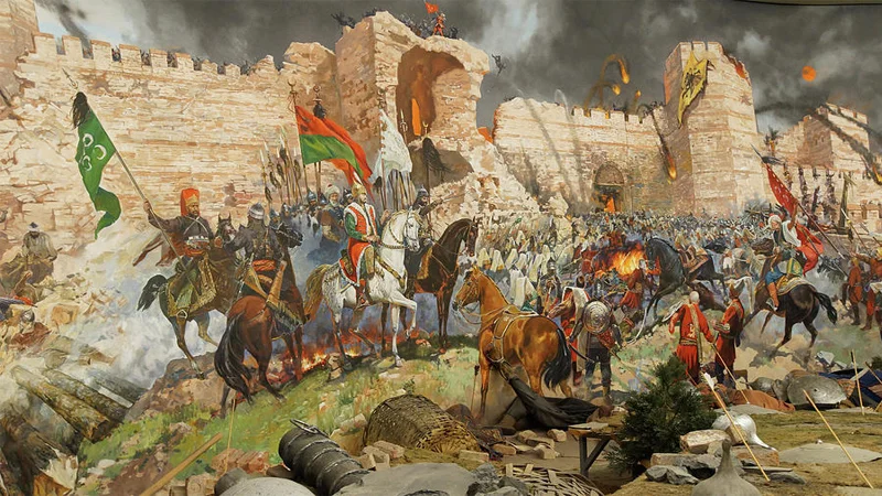 Fall Of Constantinople — Painting of Ottoman forces on horseback assaulting the breached walls of Constantinople during the 1453 siege.