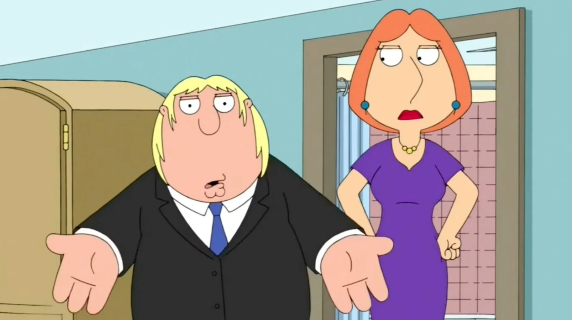 Family Guy I Got A Glock In My Rari — Chris Griffin in a suit shrugging next to a skeptical Lois Griffin in a Family Guy scene