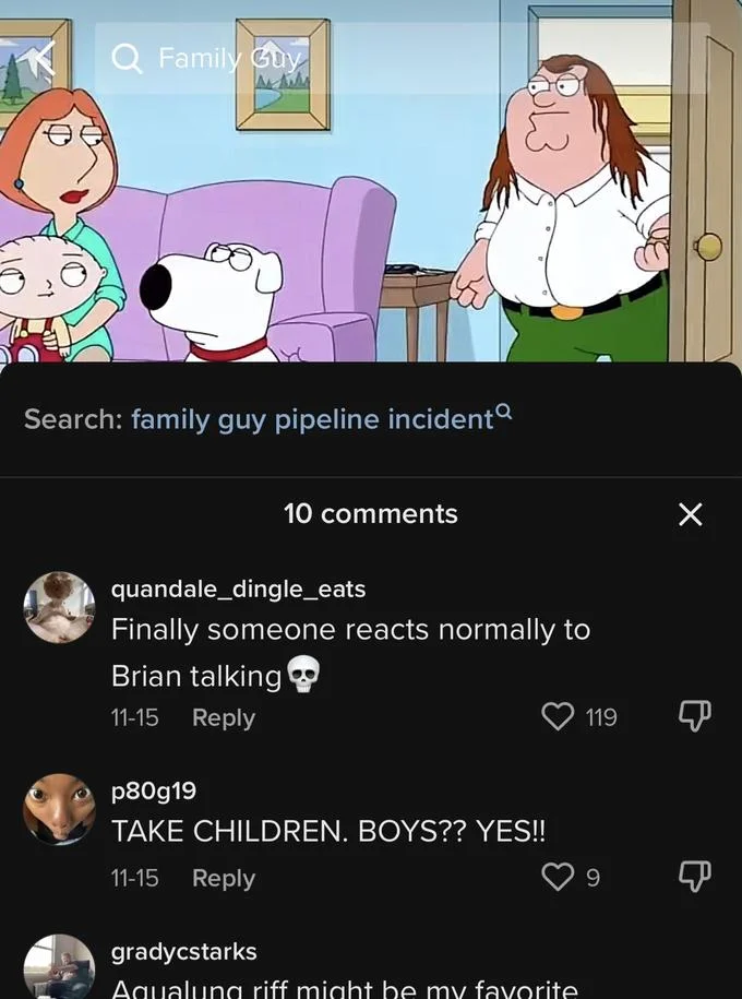 Family Guy Pipeline Incident Family Guy Jumpscares — TikTok screenshot of the Griffin family with comments and 'family guy pipeline incident' search bar