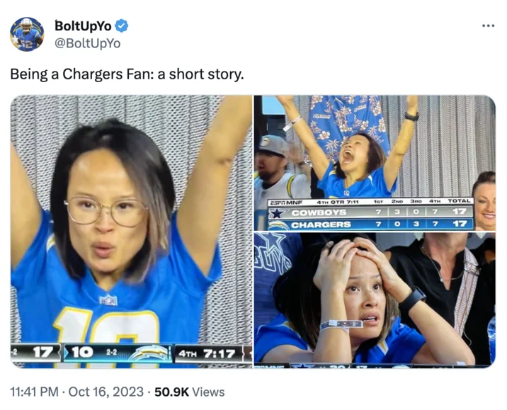 Fan Theory Meme — Twitter post with Chargers game reactions from October 16, 2023