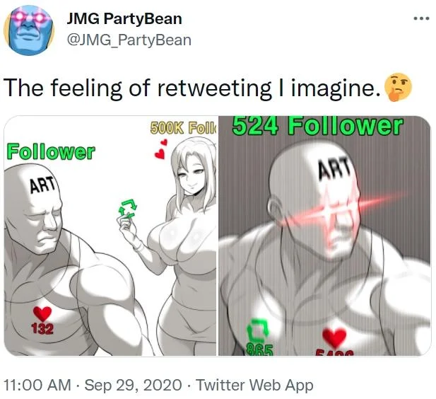 Fanart Retweet — Twitter meme showing disparity between followers and retweet engagement.