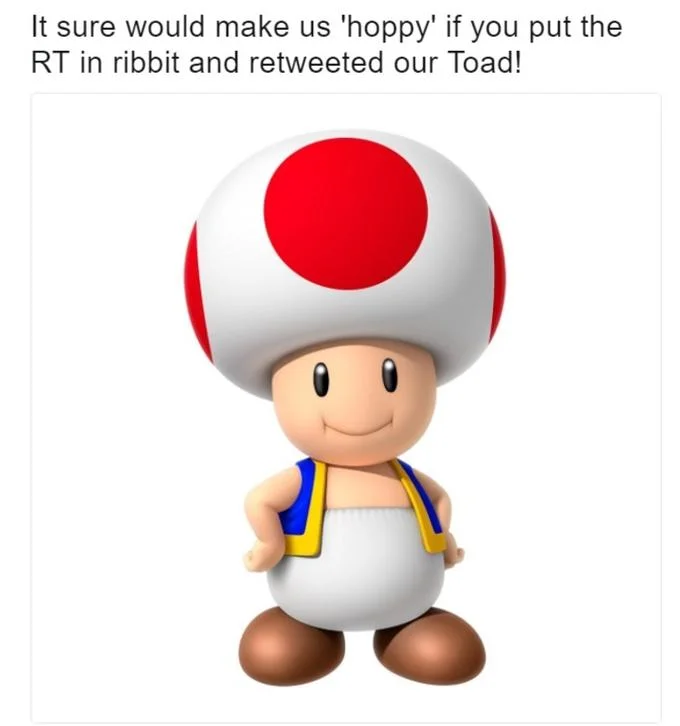 Fanart Retweet — Twitter post using 'hoppy' and 'RT in ribbit' to request Toad retweets.