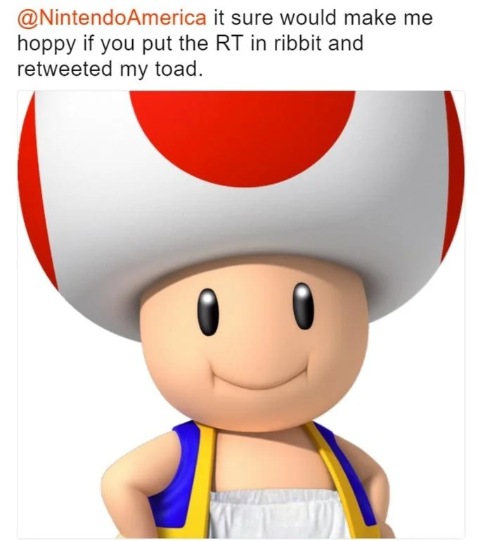 Fanart Retweet — Twitter post requesting Nintendo retweets using 'RT in ribbit' wordplay.