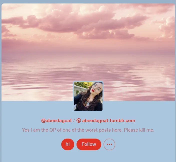 Fandoms Grab Your Weapons — Tumblr profile of @abeedagoat with bio calling themselves OP of one of the worst posts