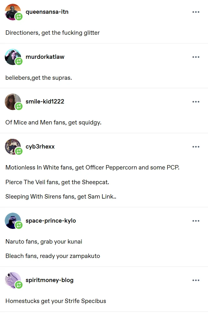 Fandoms Grab Your Weapons — Tumblr reblog chain listing rallying cries for music and anime fandoms
