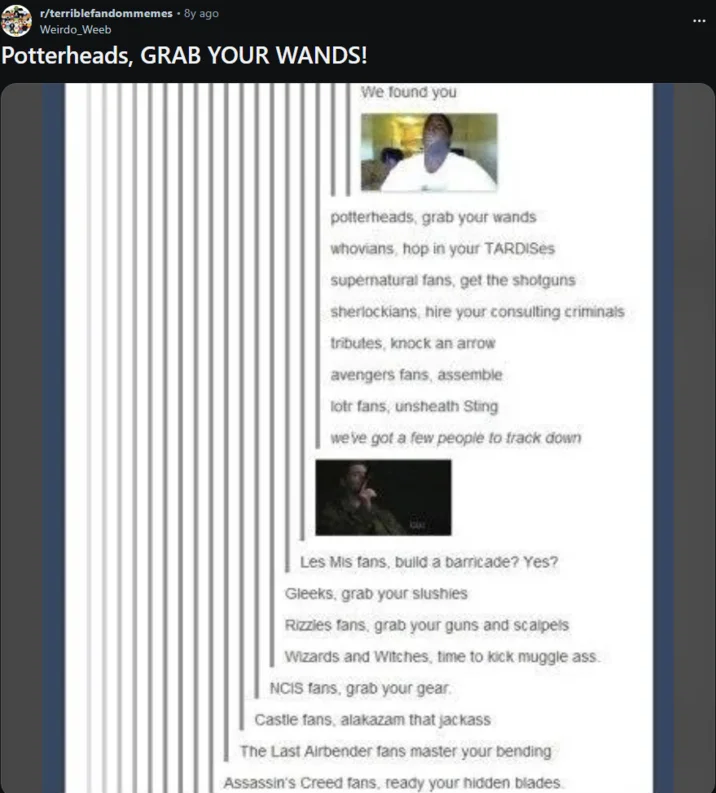 Fandoms Grab Your Weapons — Reddit r/terriblefandommemes post sharing a screenshot of the Tumblr fandom weapons thread