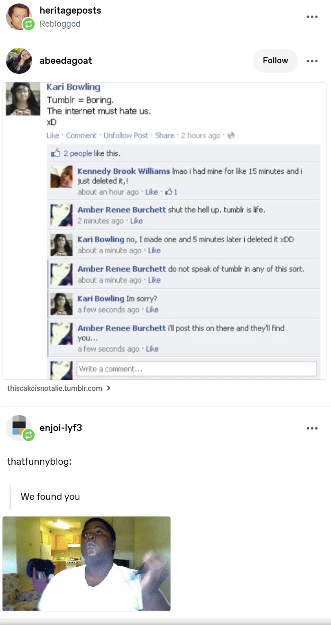 Fandoms Grab Your Weapons — Tumblr post reblog featuring Facebook screenshot with 'We found you' meme reaction